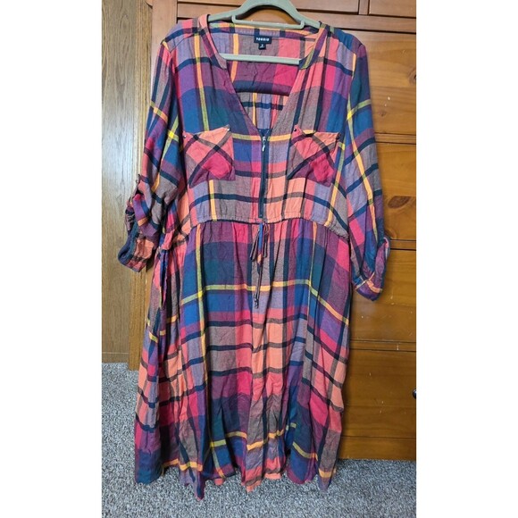 Torrid Plaid Dress Size 2 Orange Blue Zip Pockets Roll Sleeves Cinch Waist - Picture 1 of 9